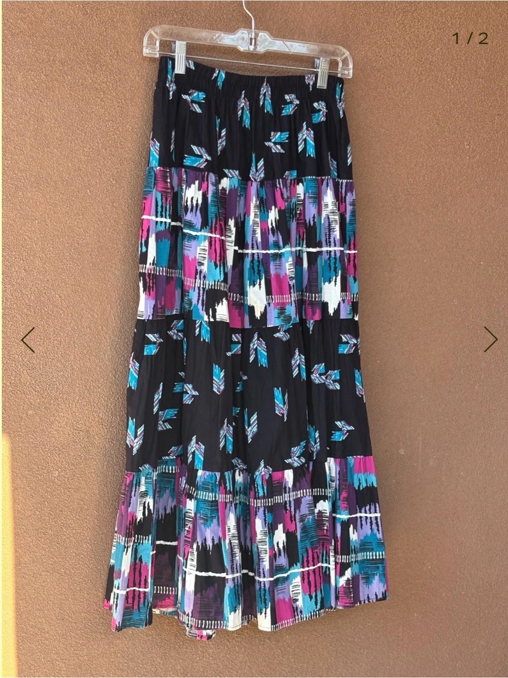 Vintage Southwest Style Maxi Skirt in Black with Teal & Purple Print